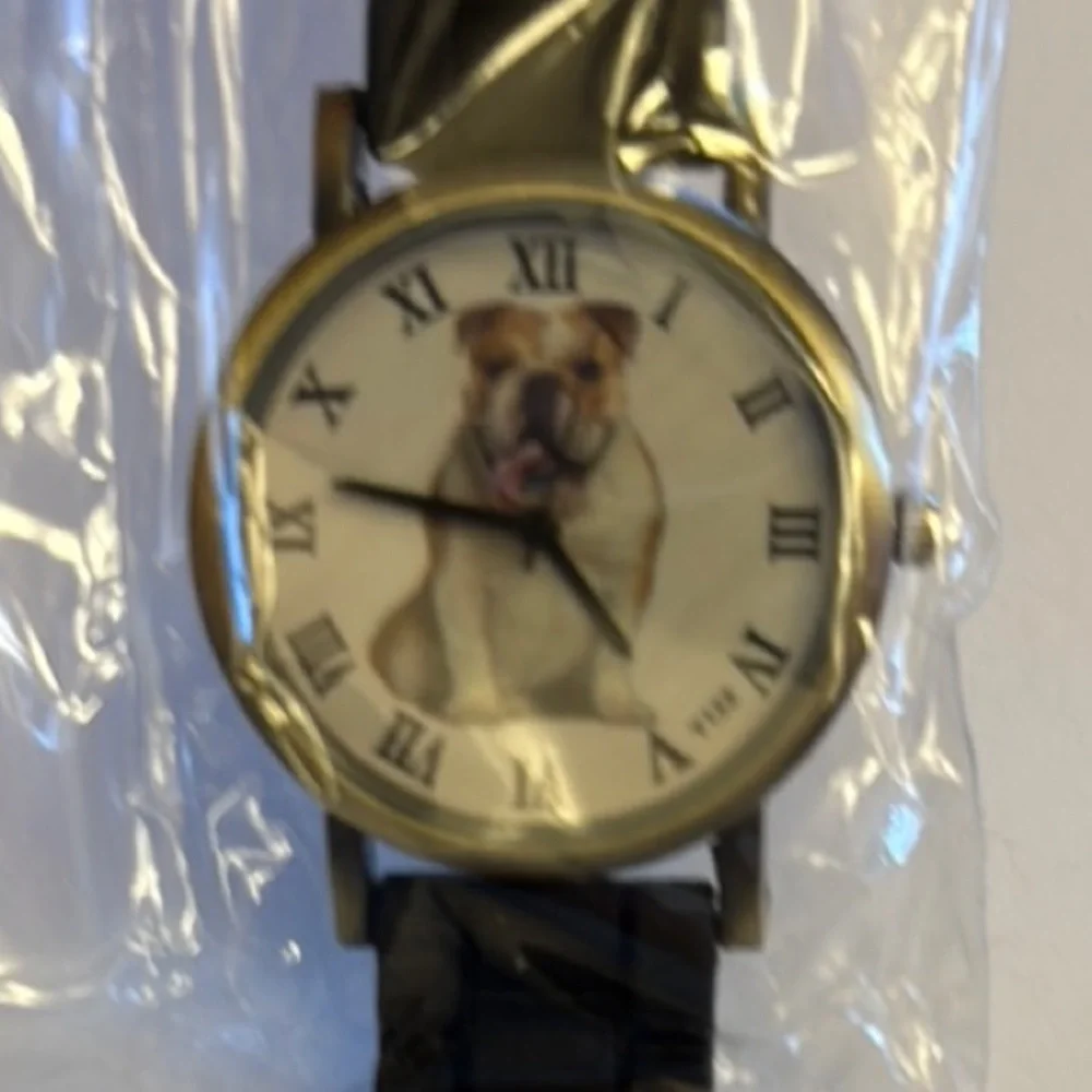 English Bulldog Face Watch, Black Runner Strap, adjustable, needs battery, NWT